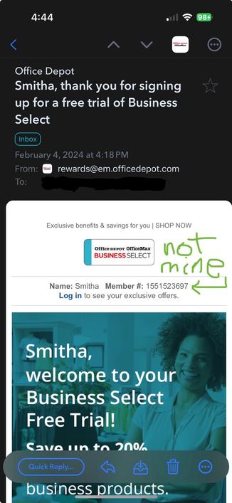 Screenshot of an email from Office Depot, thanking me for signing up for a free trial of Business Select. It was sent to the correct email address, from an officedepot.com address, but it includes a member number that is not mine.