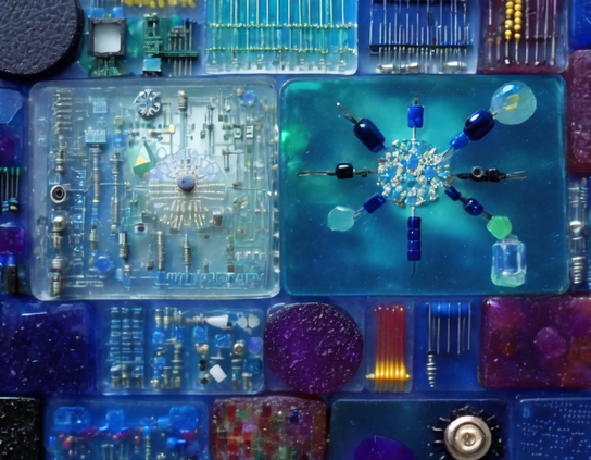 A grid arrangement of tiny intricate circuits of electronic and gemstone components, predominantly blue.