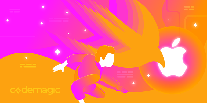 Illustration of Comedic, our new sponsors. Hard to describe but there's an Apple Logo, a Swift Logo, the Codemagic logo and a man floating in the space in a very colourful environment.
