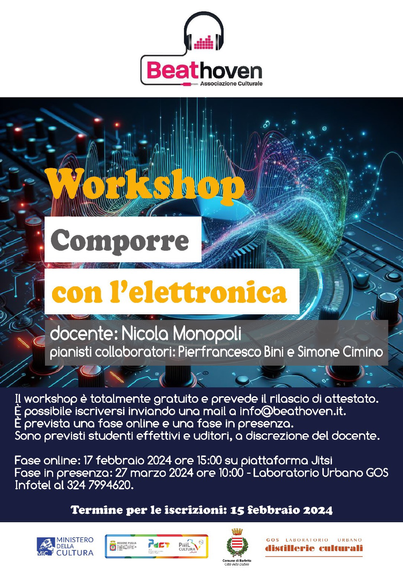 Manifesto del workshop “Comporre con l’elettronica” a cura del M° Nicola Monopoli, con la partecipazione dei pianisti Pierfrancesco Bini e Simone Cimino