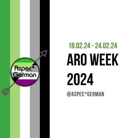 Aromatische Flagge auf weißem Hintergrund, Aspec* German Logo links hinterlegt mit einem Pfeil. Rechts Text "18.02.24-24.02.24 ARO WEEK 2024 @Aspec*German"