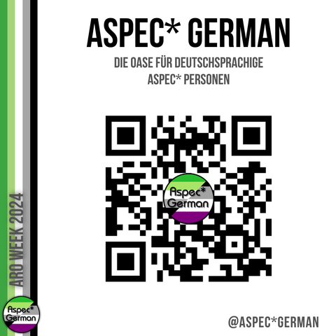 Weißer Hintergrund, linker Rand Aromantische Flagge mit Aspec* German Logo und Text ARO WEEK 2024, mittig Text ASPEC* GERMAN Die Oase für deutschsprache Aspec* Personen, QR Code zum Discord Server, @Aspec*German