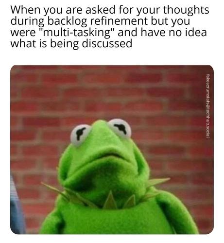 Photo of a distressed Kermit the frog.

Caption: "When you are asked for your thoughts during backlog refinement but you were "multi-tasking" and have no idea what is being discussed."