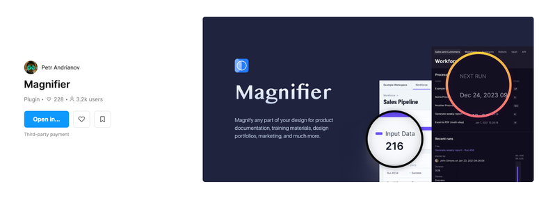 Screenshot of the figma presentation page with a demo of the plugin that shows magnifier circles on some areas of the interface