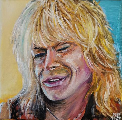 An oil painting of Hanoi Rocks vocalist Michael Monroe. Face, blond hair, eyes closed