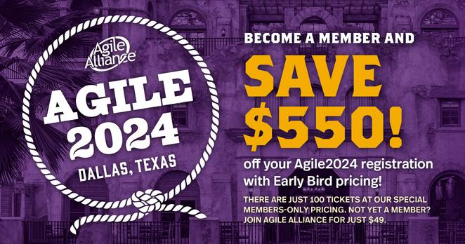 Agile2024 logo with headline: Become a member and Save $550