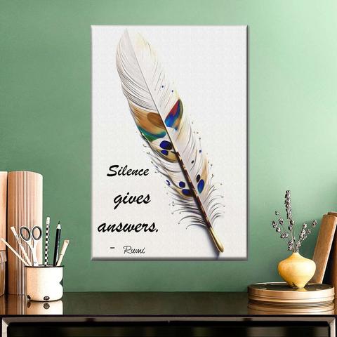 The Language of Stillness
Typography Of Silence And Answers Wall Art feather artwork with vibrant colors and fine detail on a textured canvas, accompanied by a Rumi quote in serif typeface.