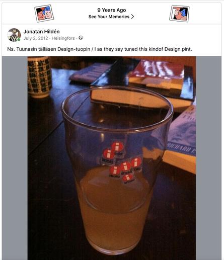 Facebook memory 9 years ago at the time, showing a very basic 0.5 liter beer glass with many haphazardly attached iittala logos
