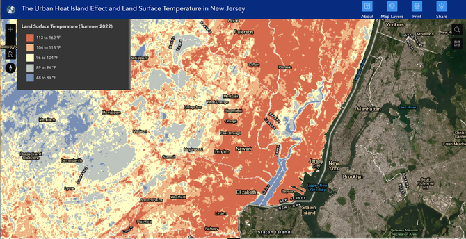 map - the urban heat island effect and land surface temperature in new jersey, summer 2022