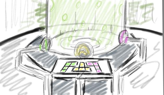 A transparent green cylinder with pipes and a control panel. The control panel contains a green, a yellow and a purple tetris brick button. The whole image is scribbled.