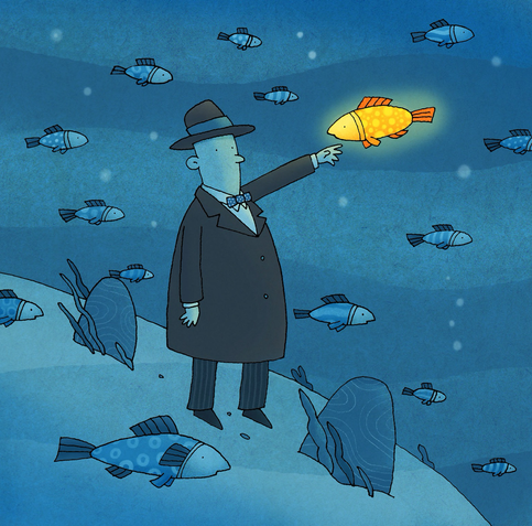 A man wearing a fedora and overcoat stands underwater and communicates with a glowing yellow fish