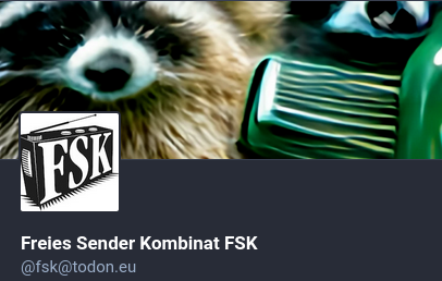 Bildschirmfoto des FSK Mastodon-Logos mit einem Waschbär
