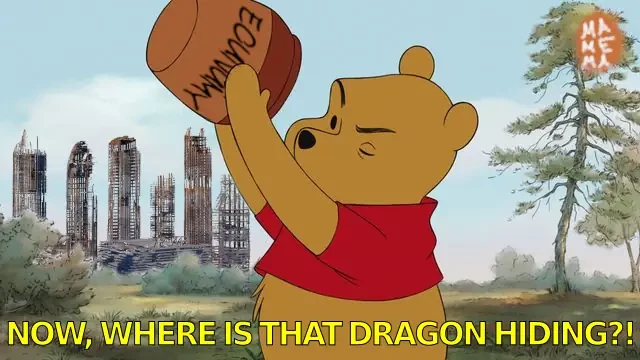 winnie the pooh looking into an empty jar marked "ecunumy"*
classical waterpainted rural background, highrise ruins on the horizon (evergreen (bankrupt chinese realtor))

*this is a reference to the wrong spellings in winnie the pooh works only. for those who are very tickytacky; it spells economy.