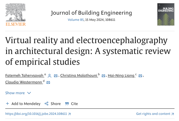 Screenshot of the Journal of Building Engineering online site presenting the article  "Virtual reality and electroencephalography in architectural design: A systematic review of empirical studies"