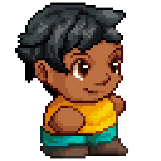 Pixel sprite of a Brown person with short shaggy hair from side view, wearing yellow t-shirt and cyan shorts.