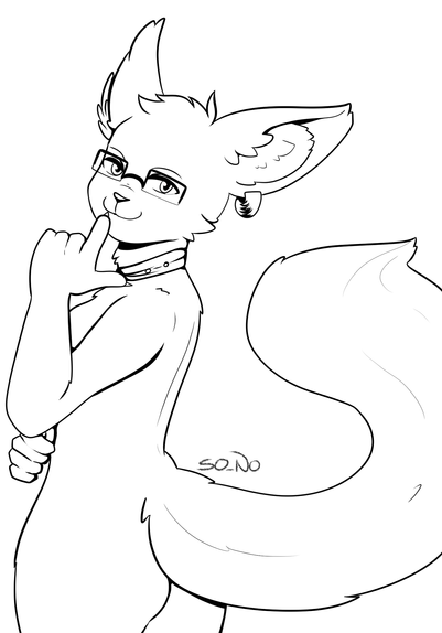 Black-white halfbody of a squirrel fursona wearing an earring and a neck accessory.