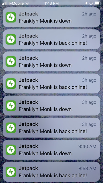 Numerous mobile notifications from Jetpack pouring off the screen, each alternating between "Franklyn Monk is down" and "Franklyn Monk is back online!"