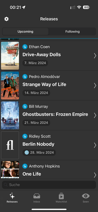 This an iPhone screenshot showing the beta version of Filmlog 3.0. The screen shows a list of upcoming movies of the people you follow.