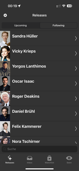 This an iPhone screenshot showing the beta version of Filmlog 3.0. The screen shows a list of people you follow.