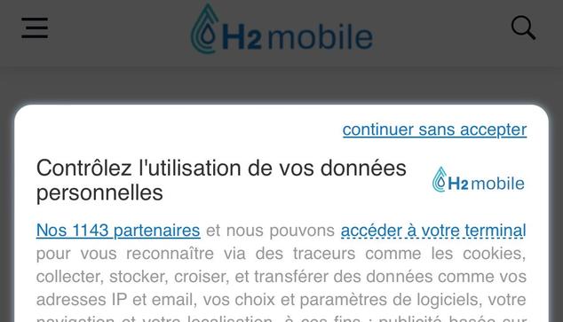 Pop-up sur le site H2 Mobile informant que leurs 1 143 sites partenaire peuvent accéder à mon terminal pour y installer des traceurs ou collecter des infos.
1 143 partenaires d’un coup, c’est le gangbang du siècle mais j’ai un peu l’impression de me faire enf(i)ler.