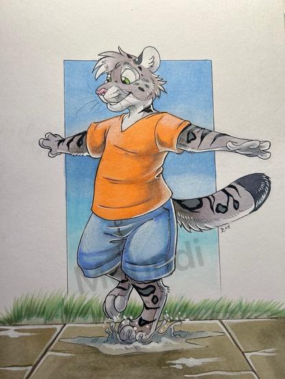 Illustration of an anthropomorphic tiger X snow leopard hybrid cub character stepping into a puddle, wearing an orange shirt and blue shorts, with a playful expression.