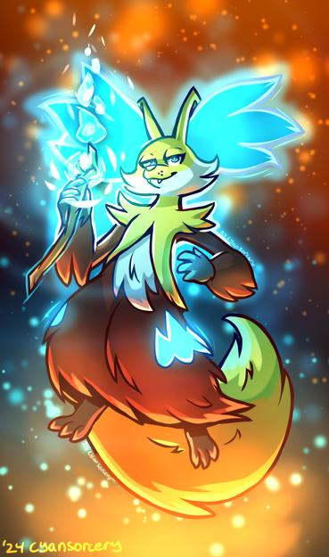 A drawing of the pokemon Delphox. Their flames are bright cyan
