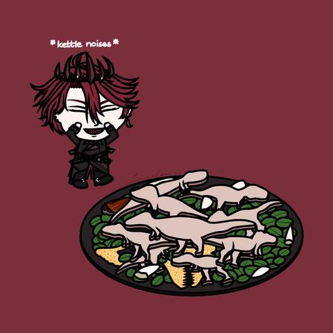 A digital illustration of Jurard T Rexford from HOLOSTARS English -ARMIS- in chibi form. Jurard shrieks as he sees a black plate of dinosaur-shaped cookies, which are inspired by the Tyrannosauridae family. There is a text that says *kettle noises* above him.

Under the cookies are the following: moringa leaves, candies that look like dinosaur teeth, and nachos that are shaped like dinosaur bones.