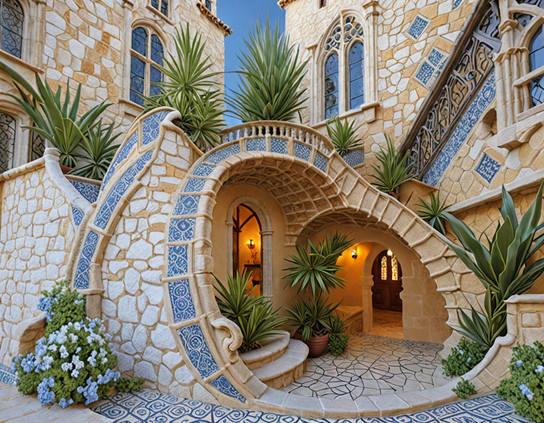 A tile and stone stone hallway between two fairy-style buildings leads to a warmly lit underground passage.