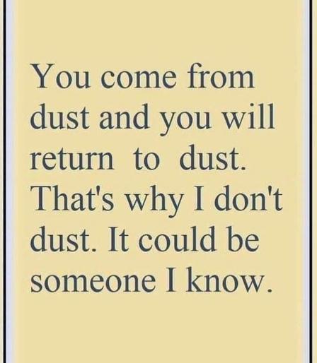 Text-only meme. Text reads, “You come from dust, and you will return to dust. That's why I don't dust. It could be someone I know.”