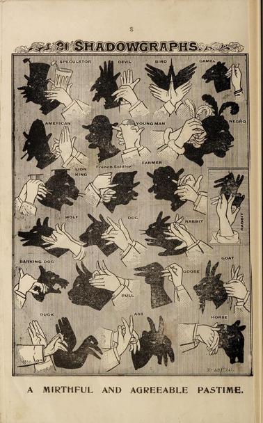 21 shadowgraphs, such as a speculator, the devil, a bird, camel, American, lion king, bull, goose, goat and more. “A mirthful and agreeable pastime.”