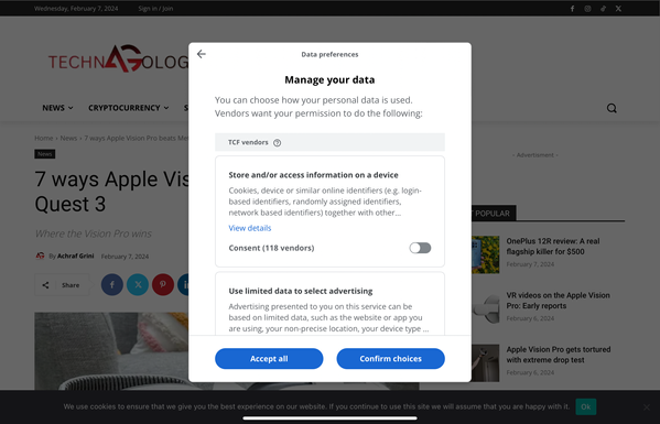 Ag4tech cookie consent dialogue showing hundreds of “partners” wishing to process visitors’ personal data.