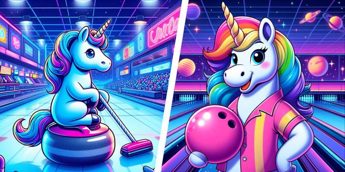 A split-screen cartoon. One side is of a unicorn in a neon-lit room with arcade games while sat on a curling stone, brush in hand. The other side is a unicorn in a bowling shirt holding a pink bowling ball, in a neon-lit bowling alley.

Generated by AI.