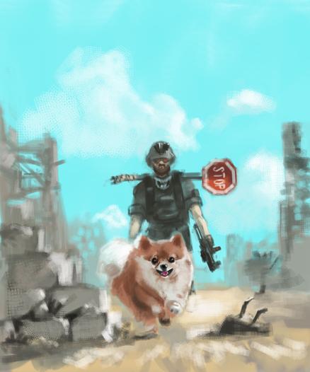 Digital painting of Pomeranian jumping happily through the ruins of society, while a tough looking dude in tacticool gear walks behind it