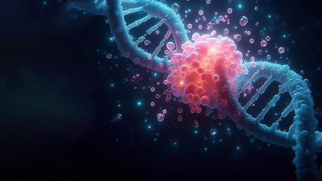 Symbolbild (3d-Konstruktion): An einem Stück DNA-Doppelhelix befindet sich eine große Ansammlung blasenartiger Strukturen
