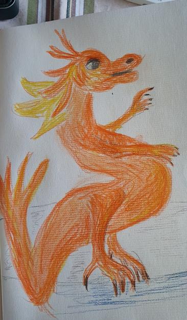 Orange-gelber Drachen, angelehnt an die Tea Dragon Society-Ästhetik.