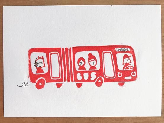 Linocut print of a bright, cartoon-y orange bus with four characters happily sitting in it