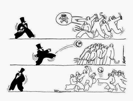 1 An angry mob faces a "rich" person promising death
2 The "rich" person sends a soccer ball towards the angry mob, stopping it
3 - the mob now plays football/soccer, while the "rich" man quietly disappears