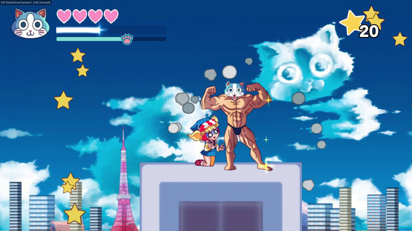Super muscle cat flexes his muscles on top of a platform. You can see the whole HUD here.