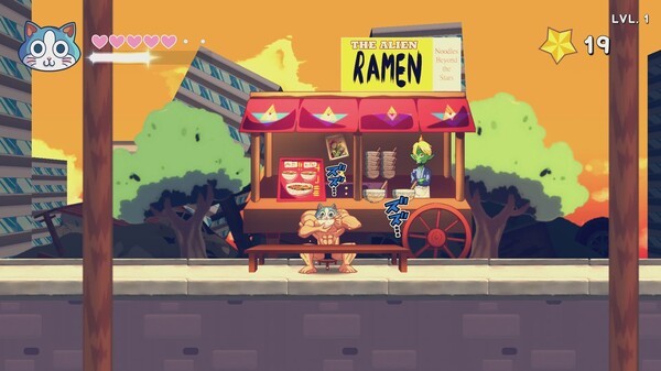 Super muscle cat sits and eats ramen