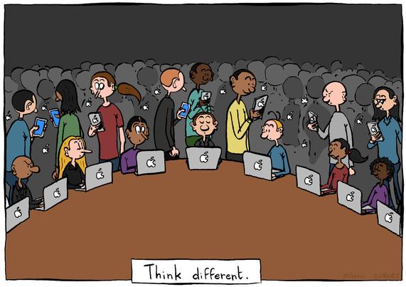 Cartoon showing a large number of people walking around a table with iPhones in their hands and looking at them. In the background we can see silhouettes of people also using Apple devices, since the white apple is seen, but not those people faces.
At the table, in the bottom of the image, there are several persons sitting, all using Apple laptops.
At the center bottom of the image, against a white background, is written in black "Think different.".