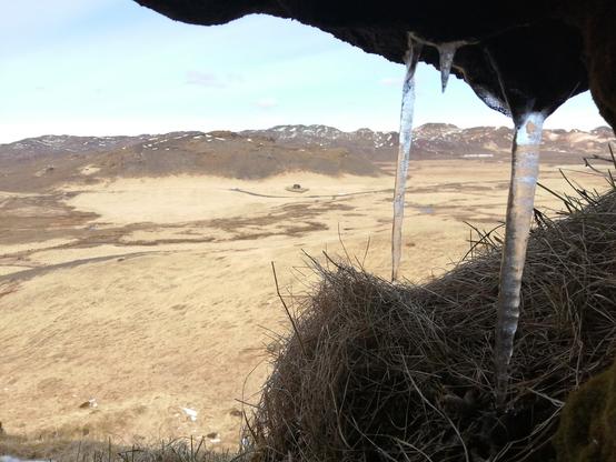 Vue de la Krýsuvíkkirkja (le petit rectangle foncé au milieu de l'image) depuis une cavité où l'on peut voir un tas de paille (abri à oiseaux) et des stalactites. Au loin, la chaîne de montagnes derrière laquelle se trouve le système volcanique de Krysuvik.