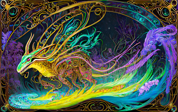 a psychedelic Art Nouveau rendering of a tendrilly quadruped in aqua and gold and purple in a framed forest view