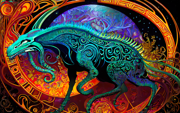 a psychedelic Art Nouveau rendering of a fantastic quadruped made of cyan filigree against a framework of reds and oranges and a purple-blue celestial orb in a starry sky