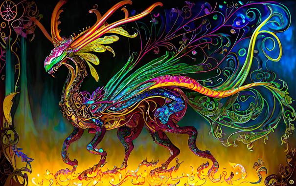 a psychedelic Art Nouveau rendering of a reptilian quintuped, elaborately decorated, trotting along a flaming path through a forest