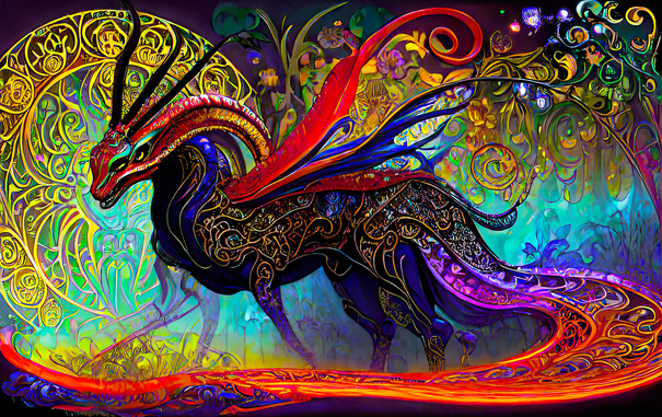 a psychedelic Art Nouveau rendering of a crested and elaborated filigree serpentine quadruped (with a number of extra ghostly legs) in a forest setting