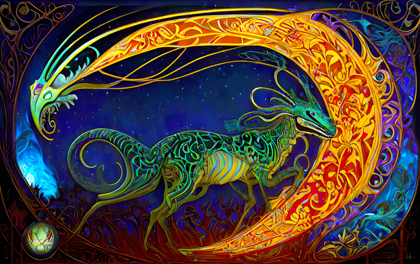 a psychedelic Art Nouveau rendering of a pair of serpentine filigree forms, one more quadruped-like than the other, against a starry sky above grassland