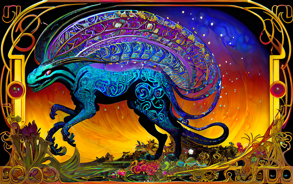 a psychedelic Art Nouveau rendering of a fierce-seeming blue filigree quadruped in a frame containing a prairie fire under a starry sky