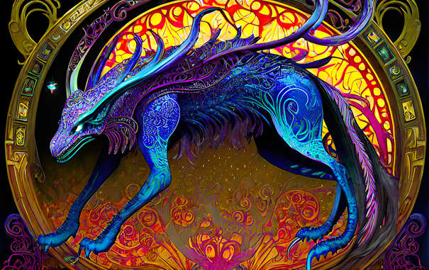 a psychedelic Art Nouveau rendering of a fierce blue crested quadruped decorated with filigree traceries against an oval in warm colors