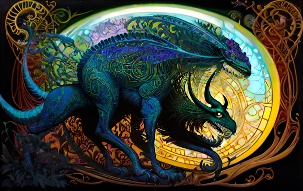 a psychedelic Art Nouveau rendering of a pair of blue filigree beasts cavorting against and oval in brighter contrasting colors