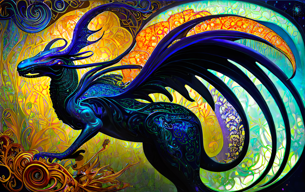 a psychedelic Art Nouveau rendering of a majestic winged blue quadruped with serpentine characteristics among foresty foliage